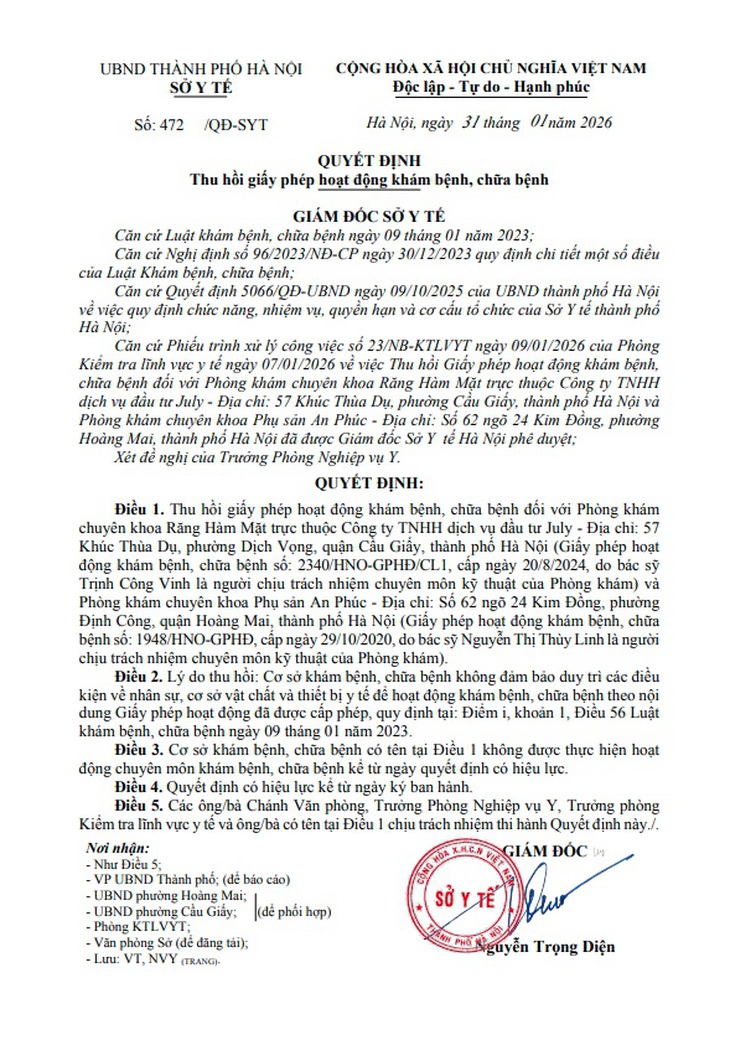 Thu hồi giấy phép 2 phòng khám trên địa bàn Hà Nội- Ảnh 1.