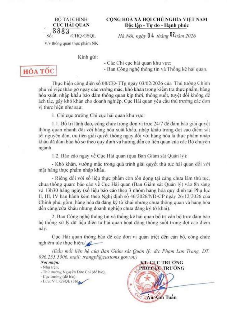 Hải quan hỏa tốc yêu cầu toàn ngành trực 24/7 thông quan thực phẩm nhập khẩu- Ảnh 1.