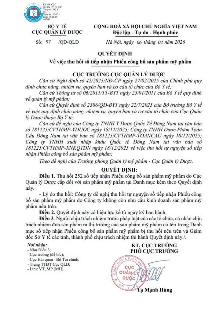 Cục Quản lý Dược thu hồi 252 phiếu công bố mỹ phẩm- Ảnh 1.