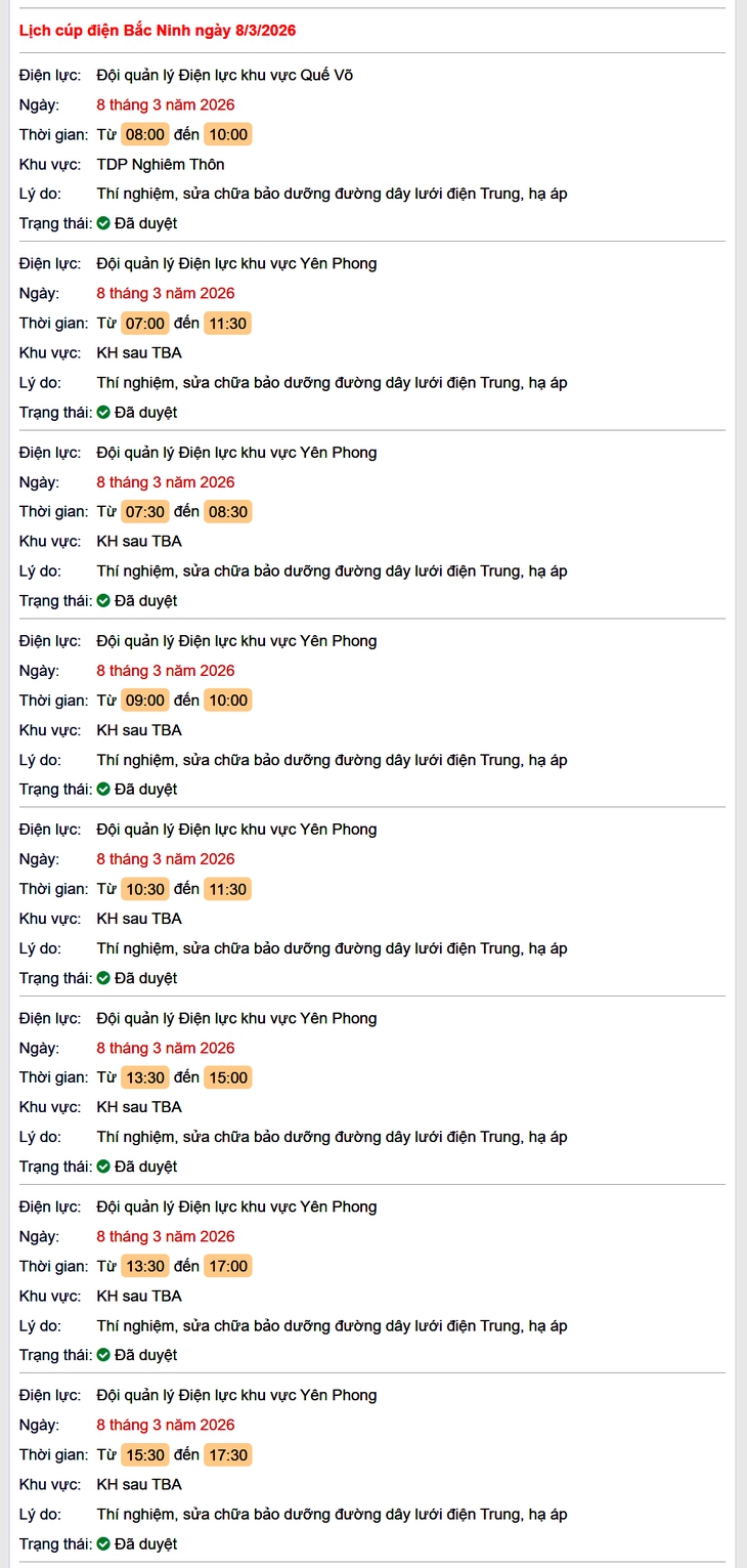 Tra cứu lịch cắt điện Bắc Ninh hôm nay Chủ Nhật ngày 8/3/2026- Ảnh 1.