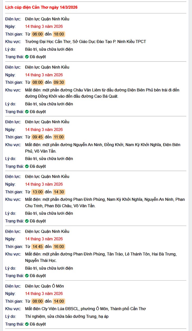 Tra cứu lịch cúp điện Cần Thơ hôm nay Thứ 7 ngày 14/3/2026- Ảnh 1.