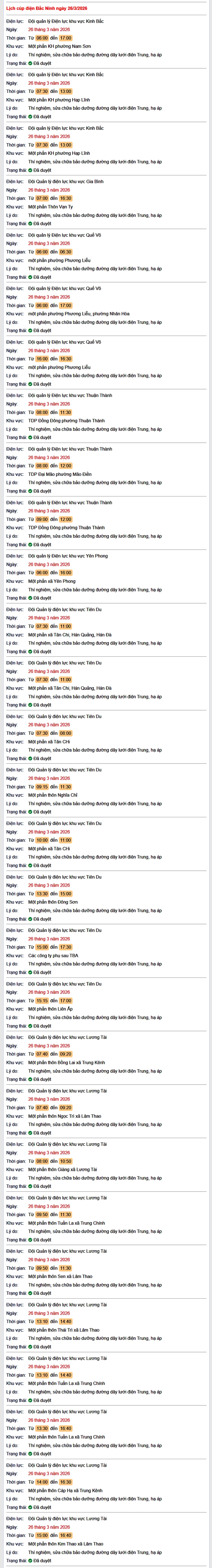 Tra cứu lịch cắt điện Bắc Ninh hôm nay Thứ 5 ngày 26/3/2026- Ảnh 1.