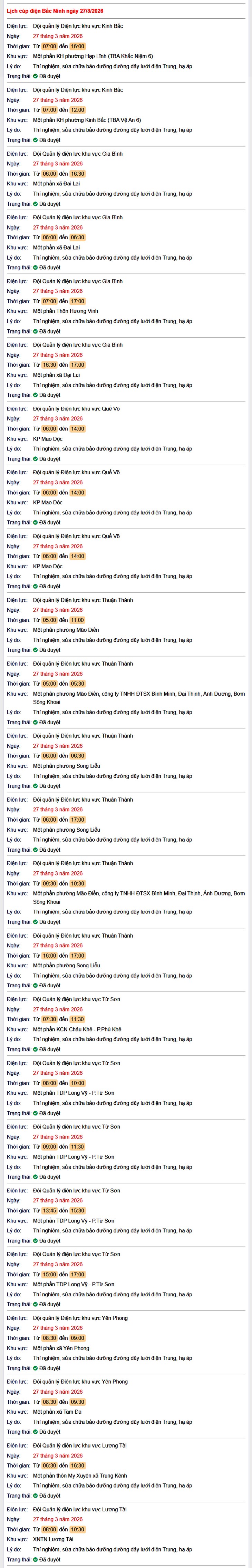 Tra cứu lịch cắt điện Bắc Ninh hôm nay Thứ 6 ngày 27/3/2026- Ảnh 1.