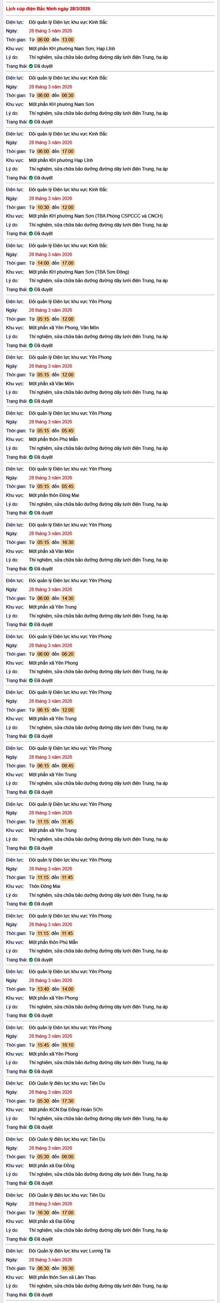 Tra cứu lịch cắt điện Bắc Ninh hôm nay Thứ 7 ngày 28/3/2026- Ảnh 1.