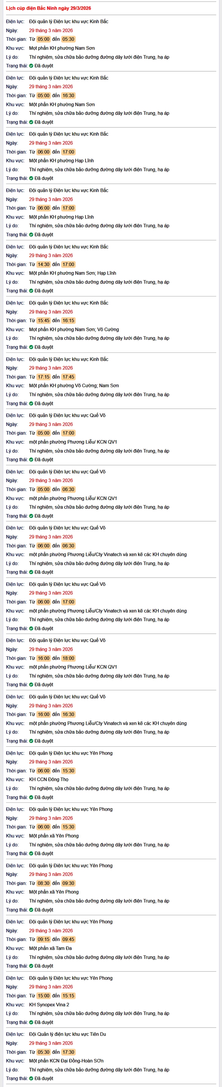 Tra cứu lịch cắt điện Bắc Ninh hôm nay Chủ Nhật ngày 29/3/2026- Ảnh 1.