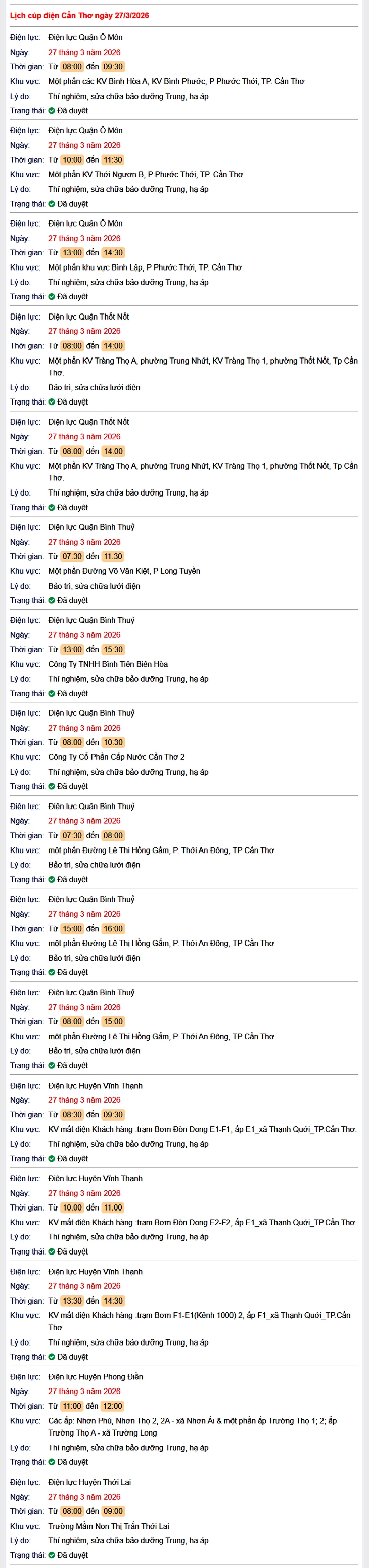Tra cứu lịch cúp điện Cần Thơ hôm nay Thứ 6 ngày 27/3/2026- Ảnh 1.