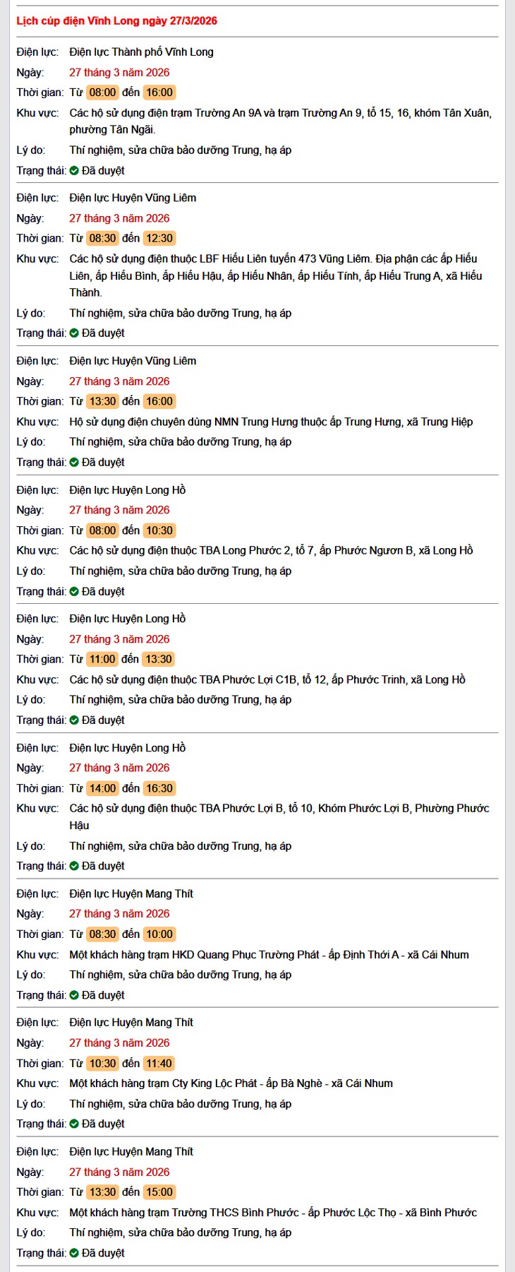 Tra cứu lịch cúp điện Vĩnh Long hôm nay Thứ 6 ngày 27/3/2026- Ảnh 1.