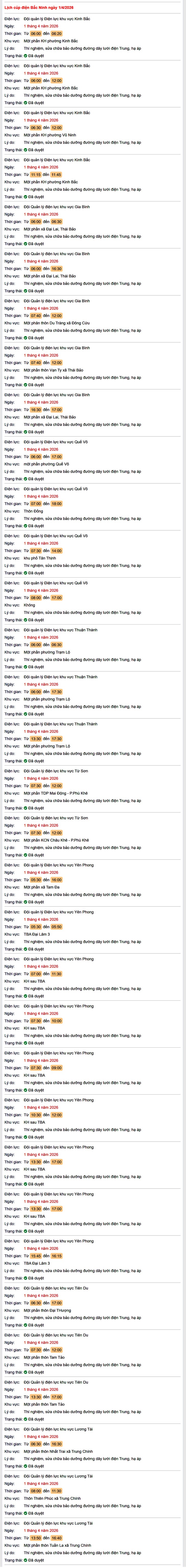 Tra cứu lịch cắt điện Bắc Ninh hôm nay Thứ 4 ngày 1/4/2026- Ảnh 1.