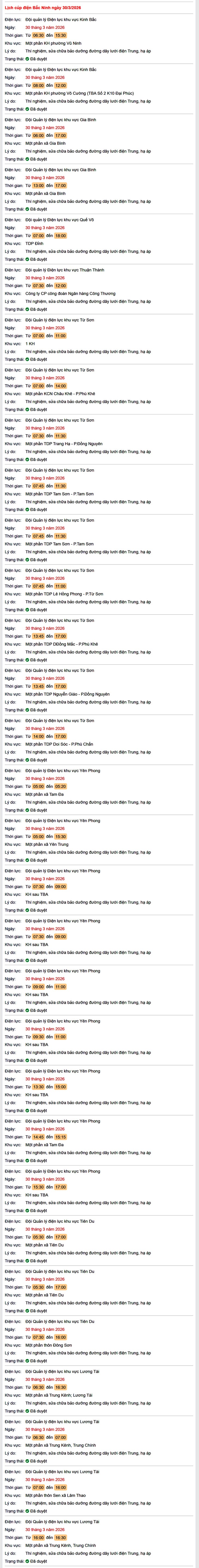 Tra cứu lịch cắt điện Bắc Ninh hôm nay Thứ 2 ngày 30/3/2026- Ảnh 1.