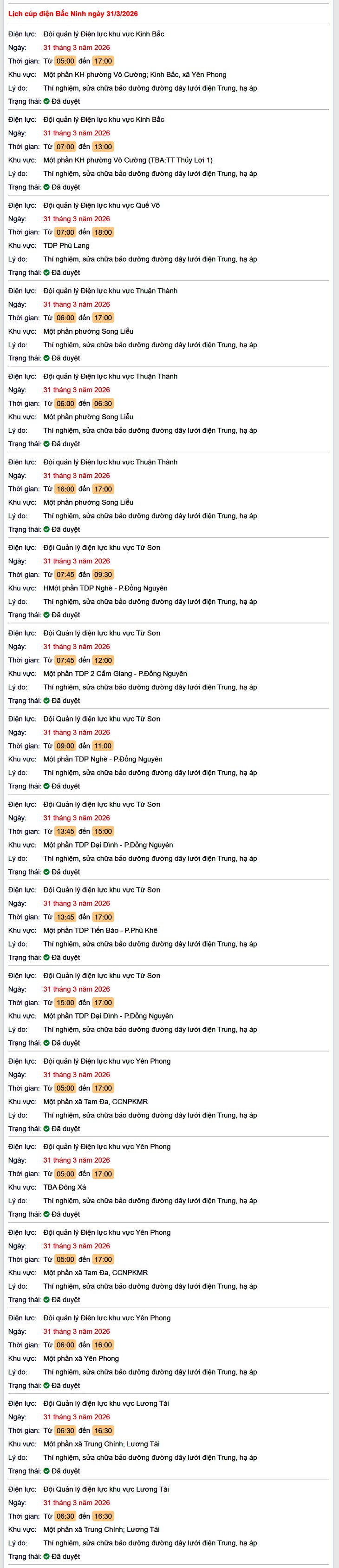 Tra cứu lịch cắt điện Bắc Ninh hôm nay Thứ 3 ngày 31/3/2026- Ảnh 1.
