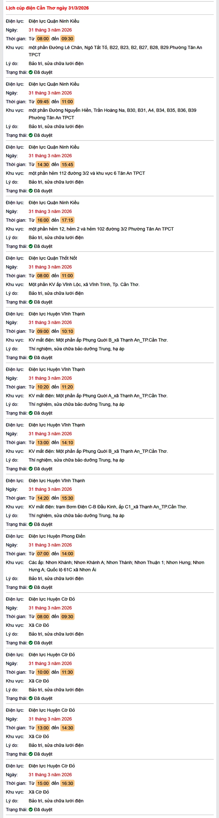 Tra cứu lịch cúp điện Cần Thơ hôm nay Thứ 3 ngày 31/3/2026- Ảnh 1.