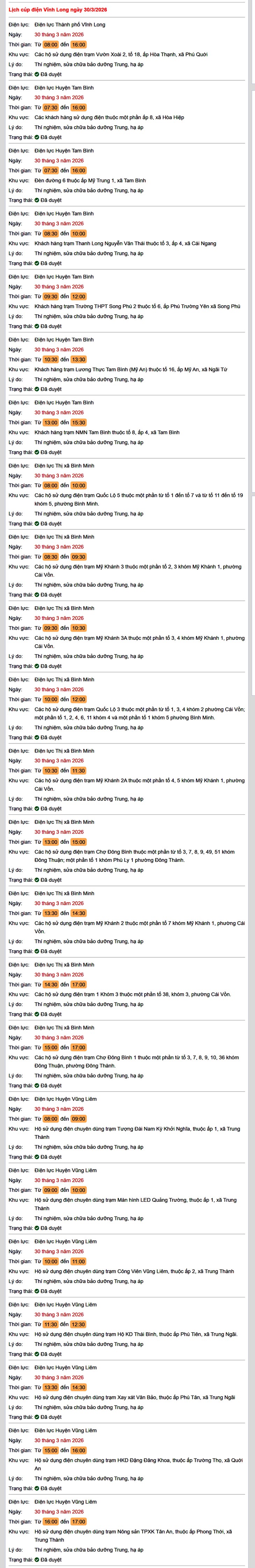 Tra cứu lịch cúp điện Vĩnh Long hôm nay Thứ 2 ngày 30/3/2026- Ảnh 1.