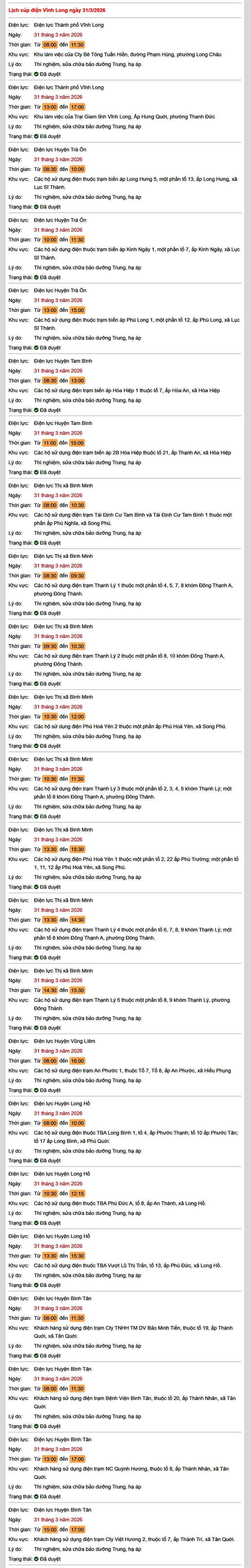 Tra cứu lịch cúp điện Vĩnh Long hôm nay Thứ 3 ngày 31/3/2026- Ảnh 1.
