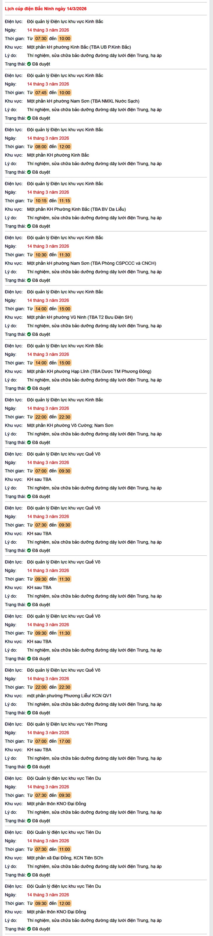 Tra cứu lịch cắt điện Bắc Ninh hôm nay Thứ 7 ngày 14/3/2026- Ảnh 1.