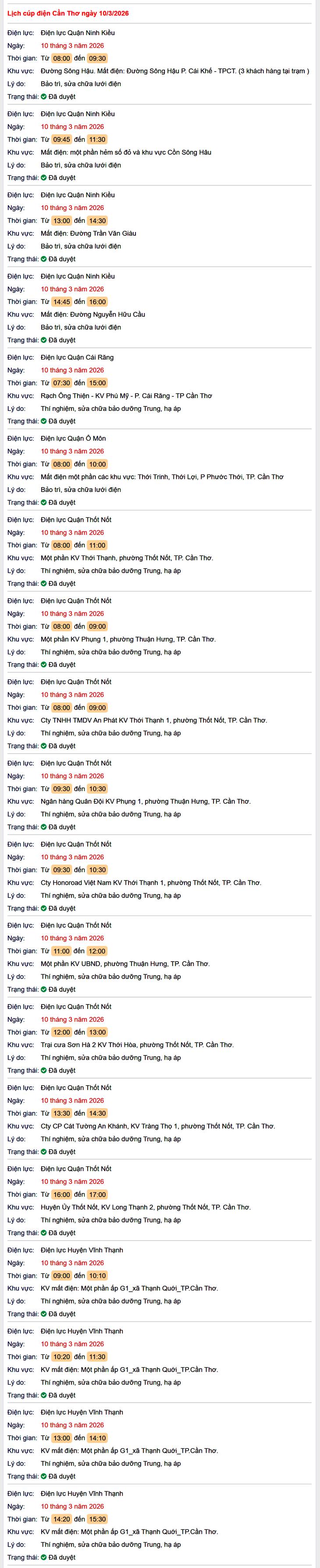 Tra cứu lịch cúp điện Cần Thơ hôm nay Thứ 3 ngày 10/3/2026- Ảnh 1.