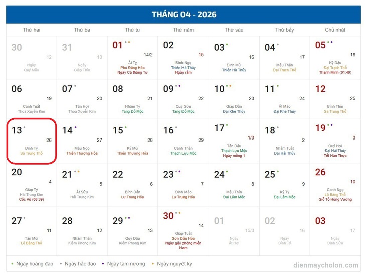 Âm lịch hôm nay 13/4 - Lịch âm 13/4 - Lịch vạn niên ngày 13/4/2026- Ảnh 1. Âm lịch hôm nay 13/4 - Lịch âm 13/4 - Lịch vạn niên ngày 13/4/2026- Ảnh 1.