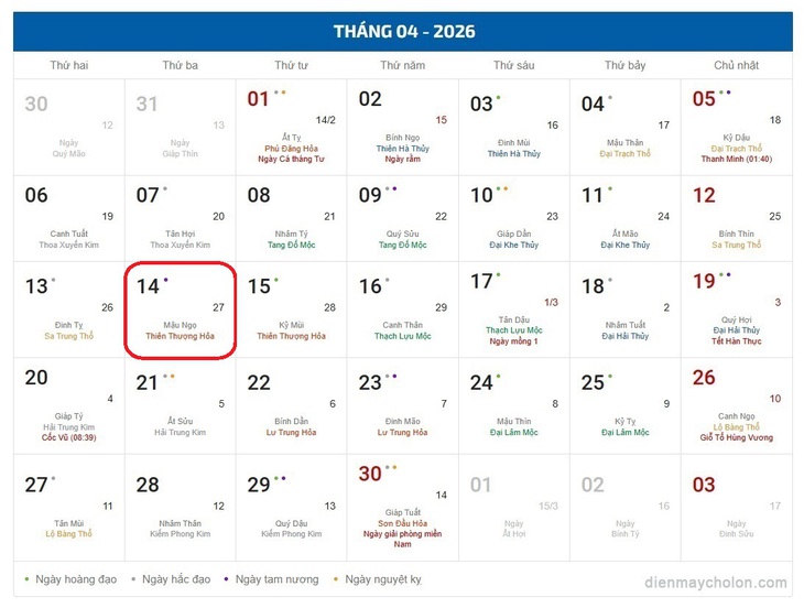 Âm lịch hôm nay 14/4 - Lịch âm 14/4 - Lịch vạn niên ngày 14/4/2026- Ảnh 1.