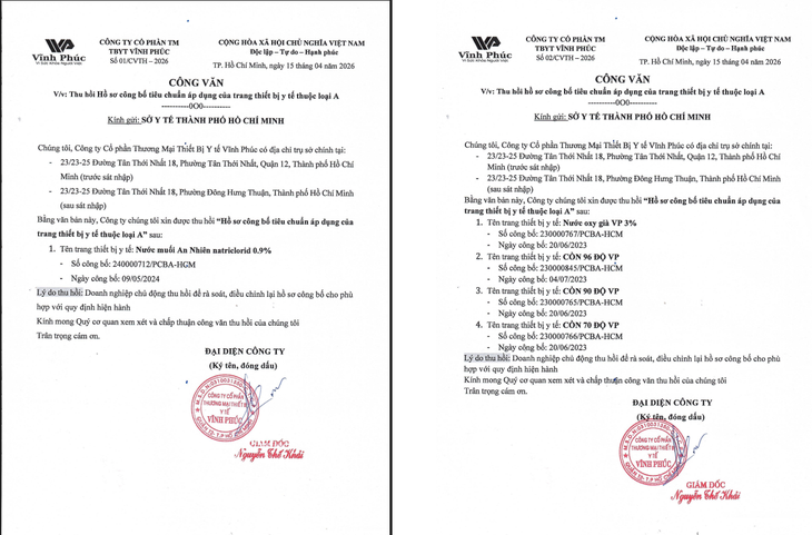 Công ty Cổ phần Thương mại Thiết bị Y tế Vĩnh Phúc chủ động thu hồi hồ sơ công bố nhiều sản phẩm- Ảnh 2.