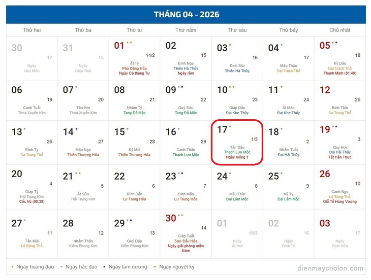 Âm lịch hôm nay 17/4 - Lịch âm 17/4 - Lịch vạn niên ngày 17/4/2026- Ảnh 1. Âm lịch hôm nay 17/4 - Lịch âm 17/4 - Lịch vạn niên ngày 17/4/2026- Ảnh 1.