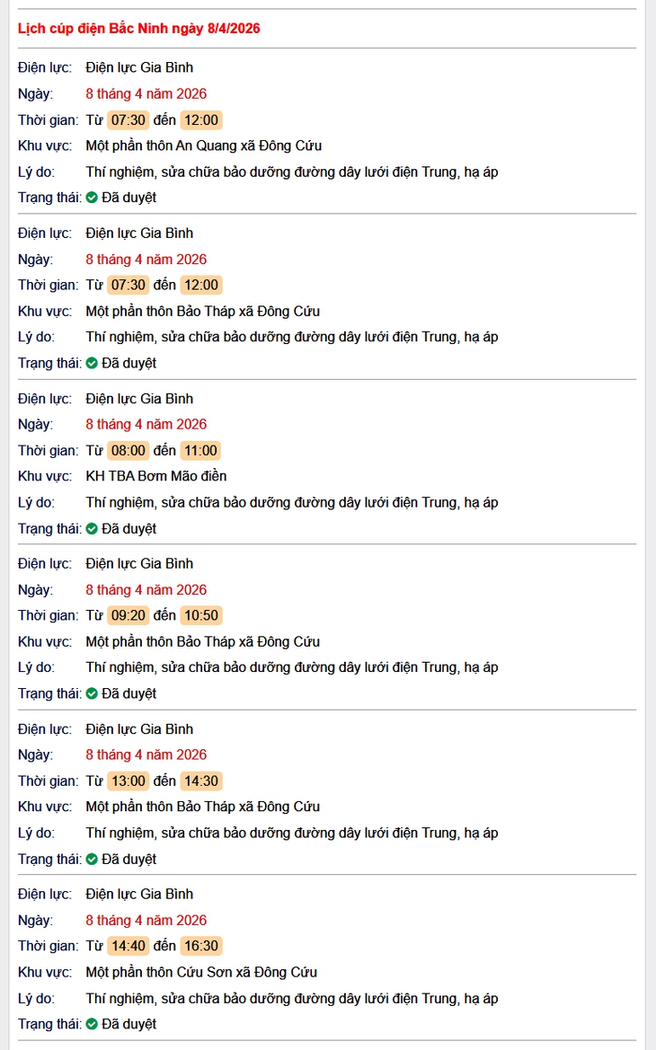 Tra cứu lịch cắt điện Bắc Ninh hôm nay Thứ 4 ngày 8/4/2026- Ảnh 1.