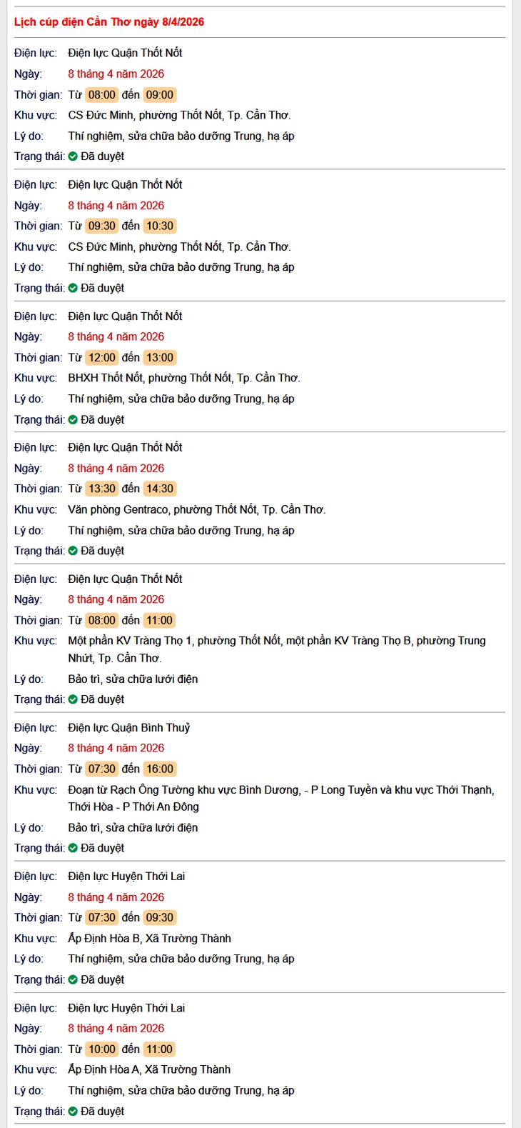 Tra cứu lịch cúp điện Cần Thơ hôm nay Thứ 4 ngày 8/4/2026- Ảnh 1.