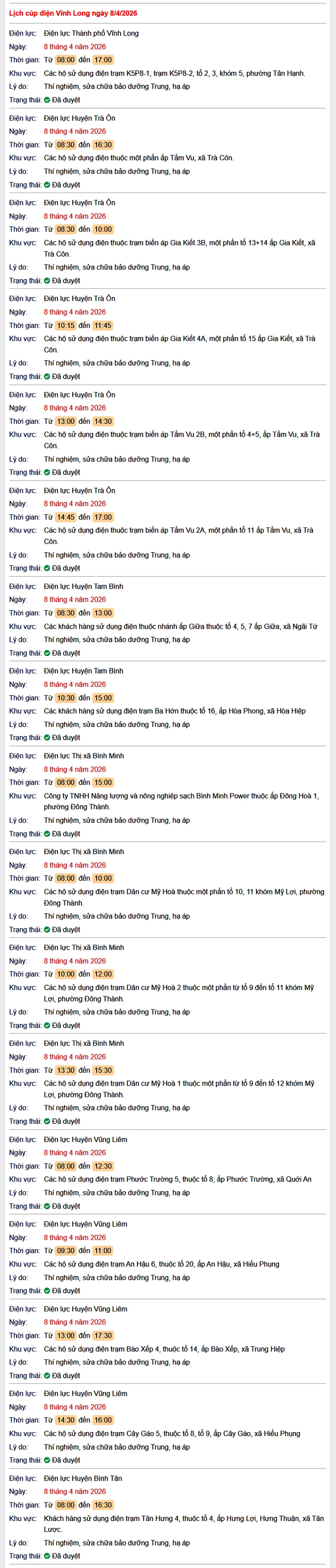 Tra cứu lịch cúp điện Vĩnh Long hôm nay Thứ 4 ngày 8/4/2026- Ảnh 1.