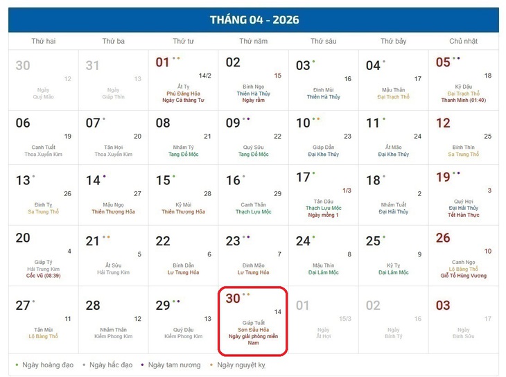 Âm lịch hôm nay 30/4 - Lịch âm 30/4 - Lịch vạn niên ngày 30/4/2026- Ảnh 1.