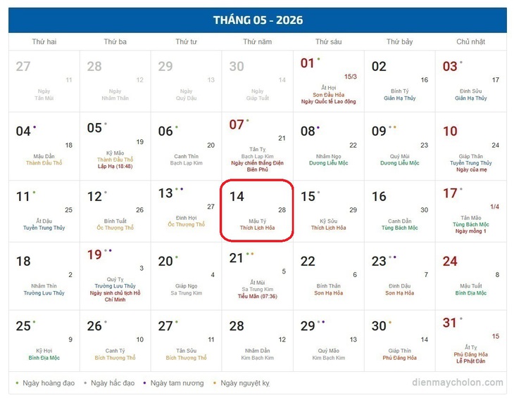 Âm lịch hôm nay 14/5 - Lịch âm 14/5 - Lịch vạn niên ngày 14/5/2026- Ảnh 1.