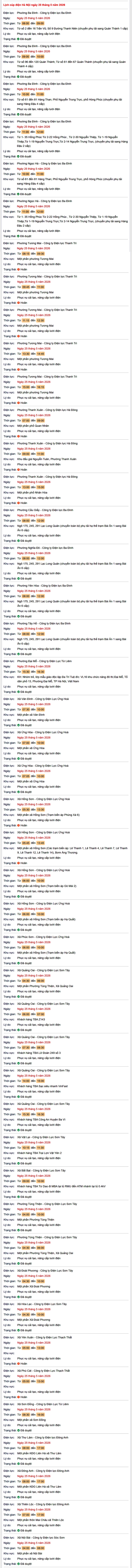Chi tiết lịch cắt điện Hà Nội hôm nay Thứ 2 ngày 25/5/2026- Ảnh 1.