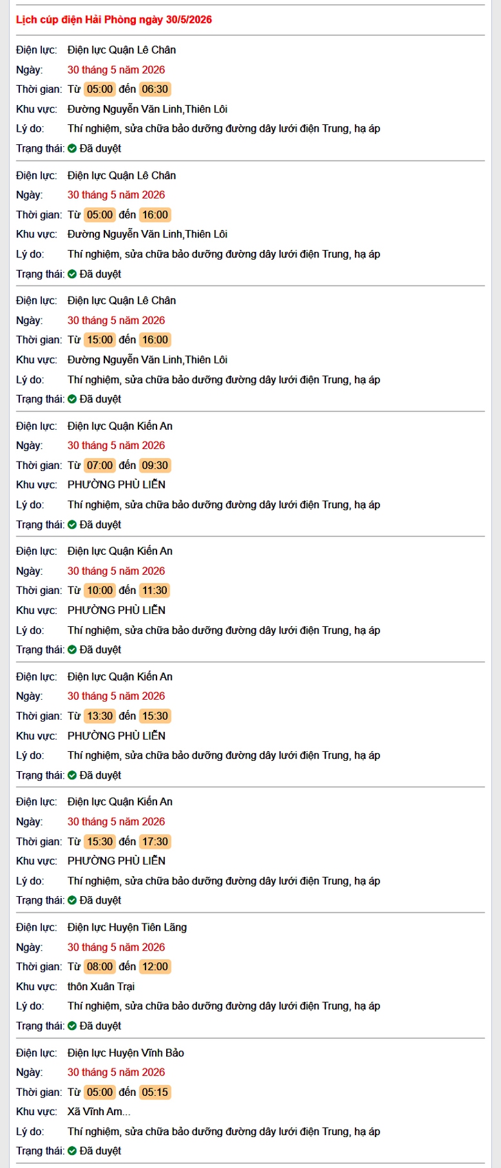 Tra cứu lịch cắt điện Hải Phòng hôm nay Thứ 7 ngày 30/5/2026- Ảnh 1.