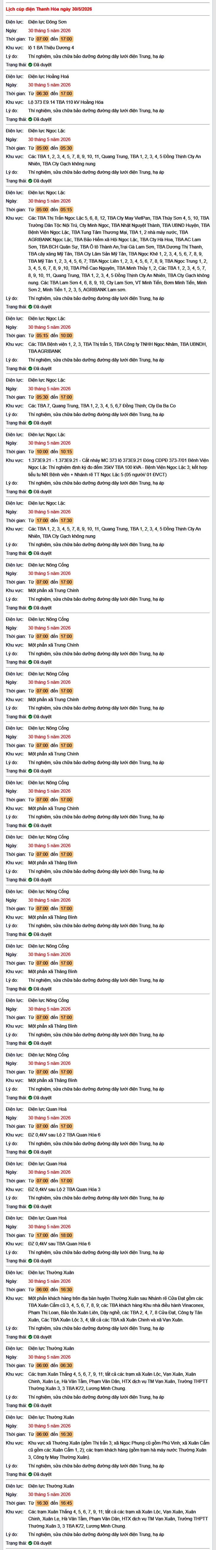 Tra cứu lịch cắt điện Thanh Hóa hôm nay Thứ 7 ngày 30/5/2026- Ảnh 1.