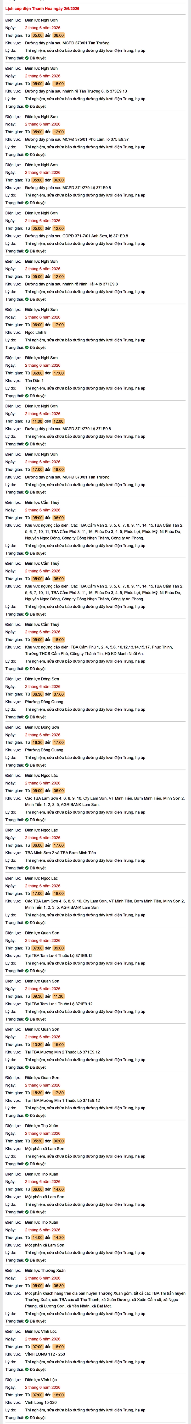 Tra cứu lịch cắt điện Thanh Hóa hôm nay Thứ 3 ngày 2/6/2026- Ảnh 1. Tra cứu lịch cắt điện Thanh Hóa hôm nay Thứ 3 ngày 2/6/2026- Ảnh 1.
