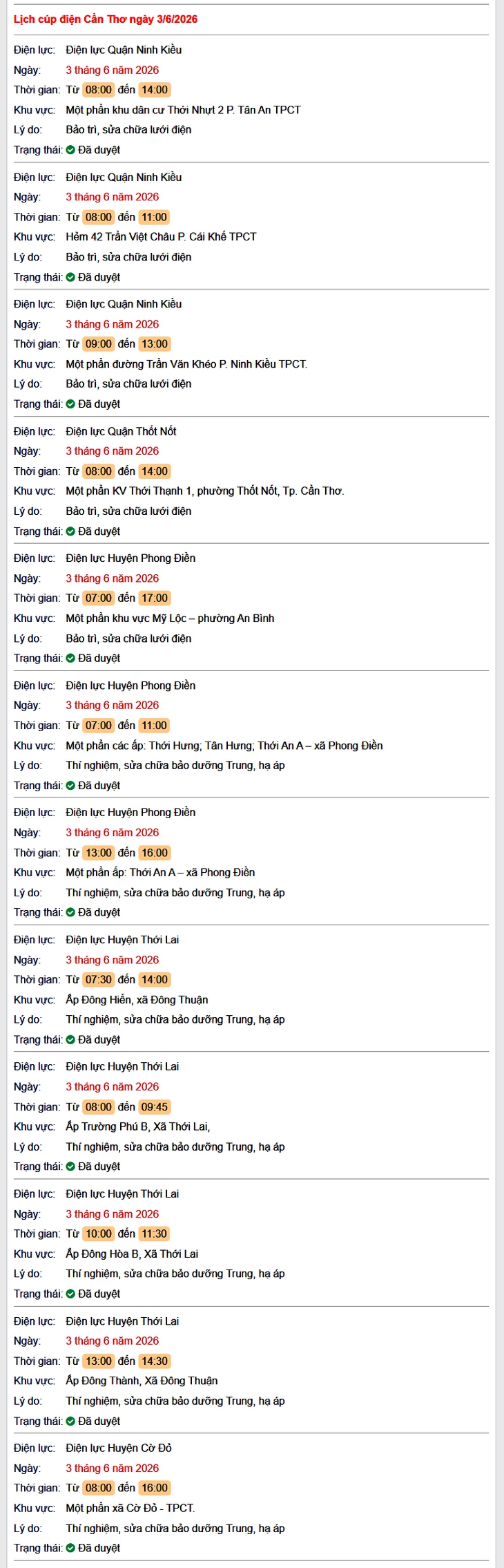 Tra cứu lịch cúp điện Cần Thơ hôm nay Thứ 4 ngày 3/6/2026- Ảnh 1.