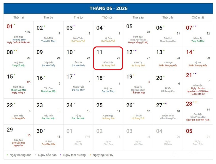 Âm lịch hôm nay 11/6 - Lịch âm 11/6 - Lịch vạn niên ngày 11/6/2026- Ảnh 1.