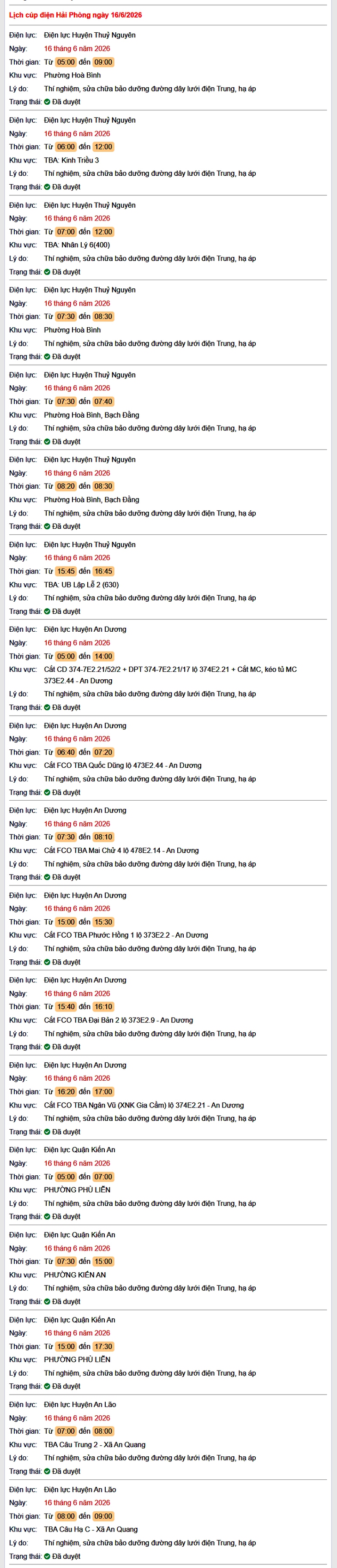Tra cứu lịch cắt điện Hải Phòng hôm nay Thứ 3 ngày 16/6/2026- Ảnh 1. Tra cứu lịch cắt điện Hải Phòng hôm nay Thứ 3 ngày 16/6/2026- Ảnh 1.