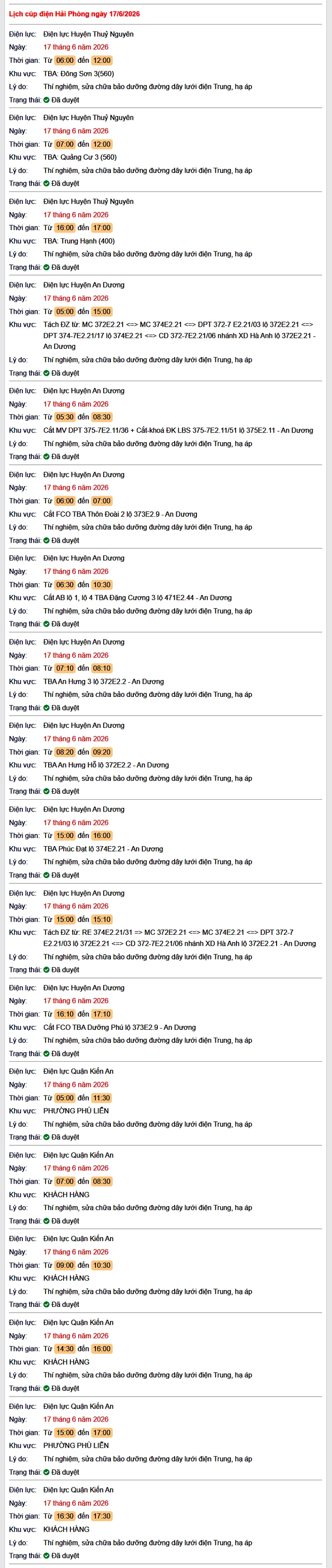 Tra cứu lịch cắt điện Hải Phòng hôm nay Thứ 4 ngày 17/6/2026- Ảnh 1.