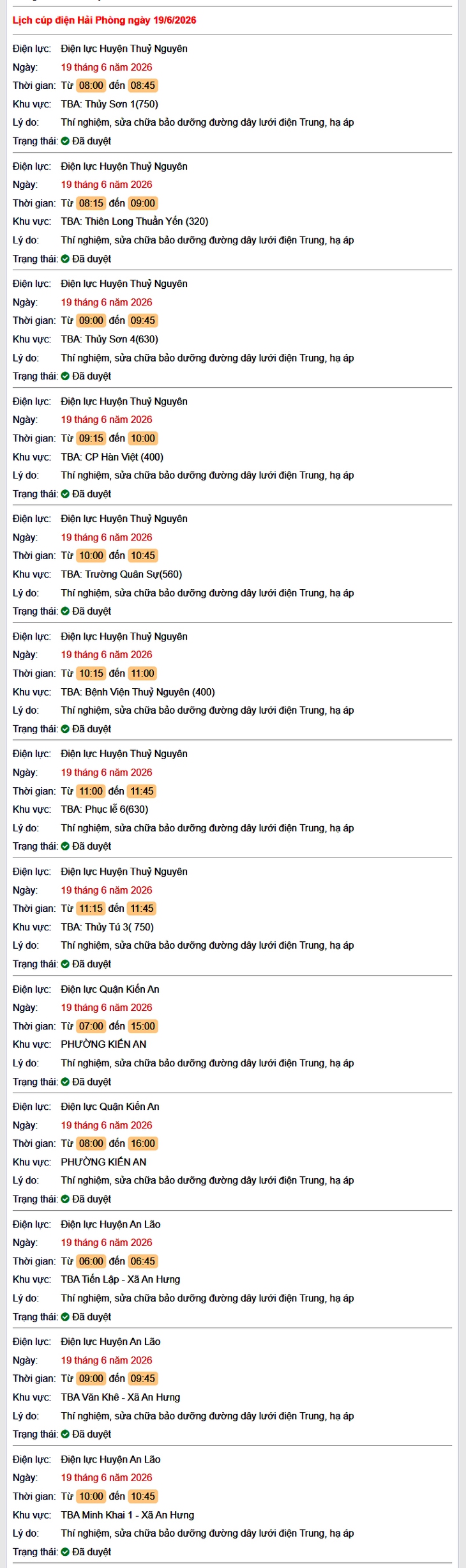 Tra cứu lịch cắt điện Hải Phòng hôm nay Thứ 6 ngày 19/6/2026- Ảnh 1.