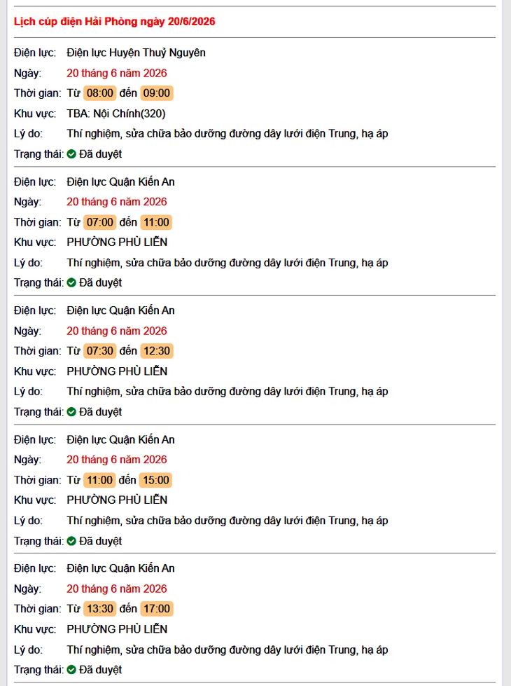 Tra cứu lịch cắt điện Hải Phòng hôm nay Thứ 7 ngày 20/6/2026- Ảnh 1.