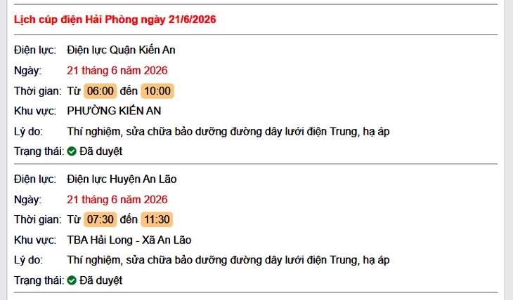 Tra cứu lịch cắt điện Hải Phòng hôm nay Chủ Nhật ngày 21/6/2026- Ảnh 1. Tra cứu lịch cắt điện Hải Phòng hôm nay Chủ Nhật ngày 21/6/2026- Ảnh 1.