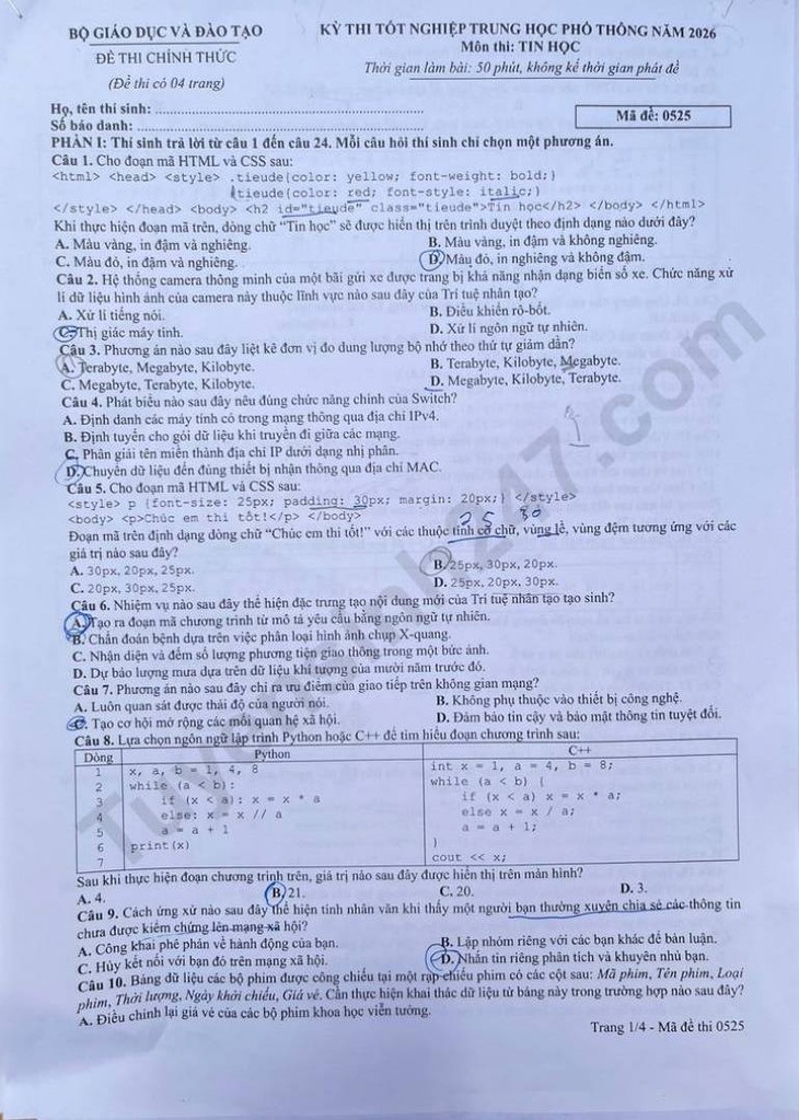 Đáp án đề thi môn Tin học tốt nghiệp THPT 2026 tất cả mã đề - Ảnh 2.