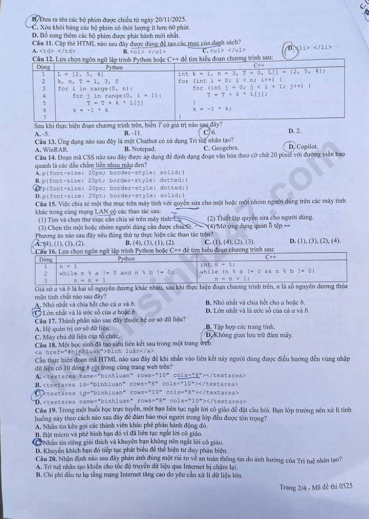 Đáp án đề thi môn Tin học tốt nghiệp THPT 2026 tất cả mã đề - Ảnh 3.