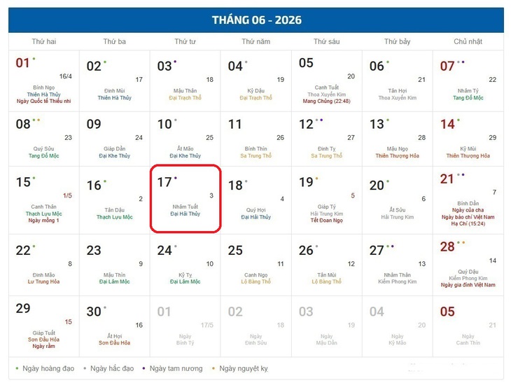 Âm lịch hôm nay 17/6 - Lịch âm 17/6 - Lịch vạn niên ngày 17/6/2026- Ảnh 1.