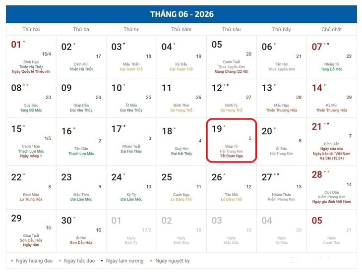 Âm lịch hôm nay 19/6 - Lịch âm 19/6 - Lịch vạn niên ngày 19/6/2026 - Ảnh 1.