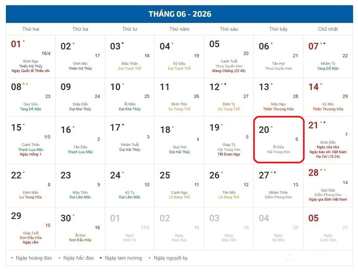 Âm lịch hôm nay 20/6 - Lịch âm 20/6 - Lịch vạn niên ngày 20/6/2026 - Ảnh 1.