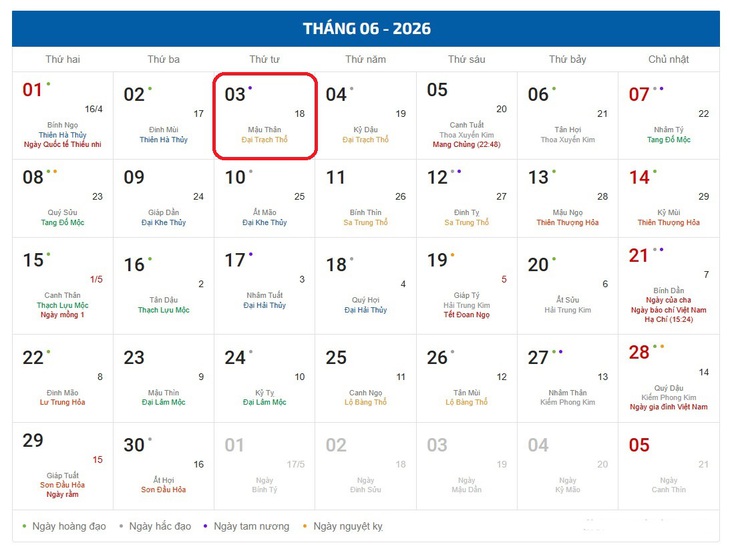 Âm lịch hôm nay 3/6 - Lịch âm 3/6 - Lịch vạn niên ngày 3/6/2026- Ảnh 1. Âm lịch hôm nay 3/6 - Lịch âm 3/6 - Lịch vạn niên ngày 3/6/2026- Ảnh 1.
