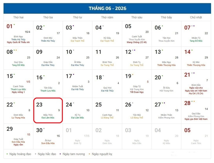 Âm lịch hôm nay 23/6 - Lịch âm 23/6 - Lịch vạn niên ngày 23/6/2026 - Ảnh 1.