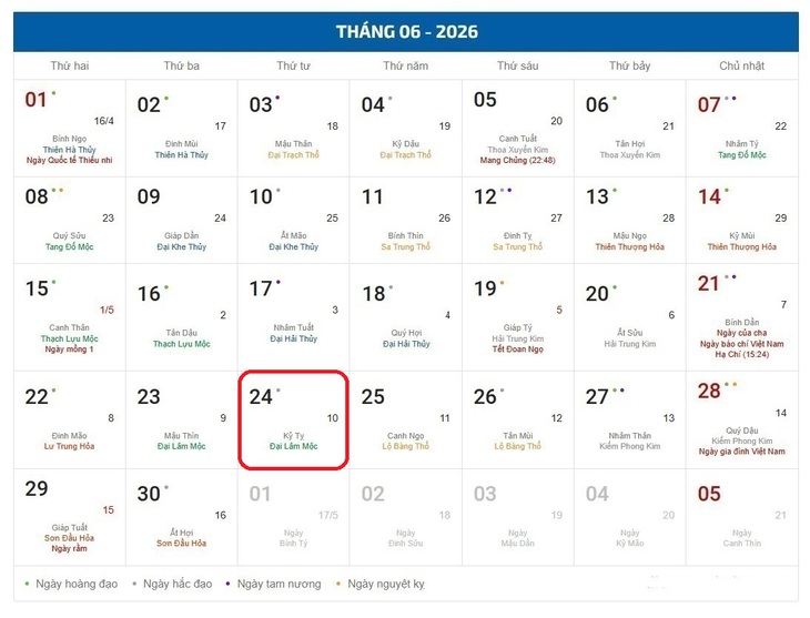 Âm lịch hôm nay 24/6 - Lịch âm 24/6 - Lịch vạn niên ngày 24/6/2026- Ảnh 1. Âm lịch hôm nay 24/6 - Lịch âm 24/6 - Lịch vạn niên ngày 24/6/2026- Ảnh 1.
