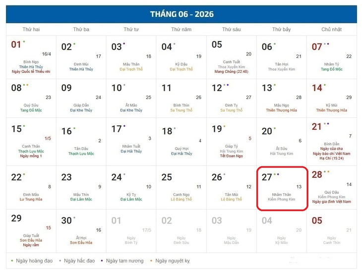 Âm lịch hôm nay - Lịch âm 26/6 - Lịch vạn niên ngày 26/6/2026 - Ảnh 1.