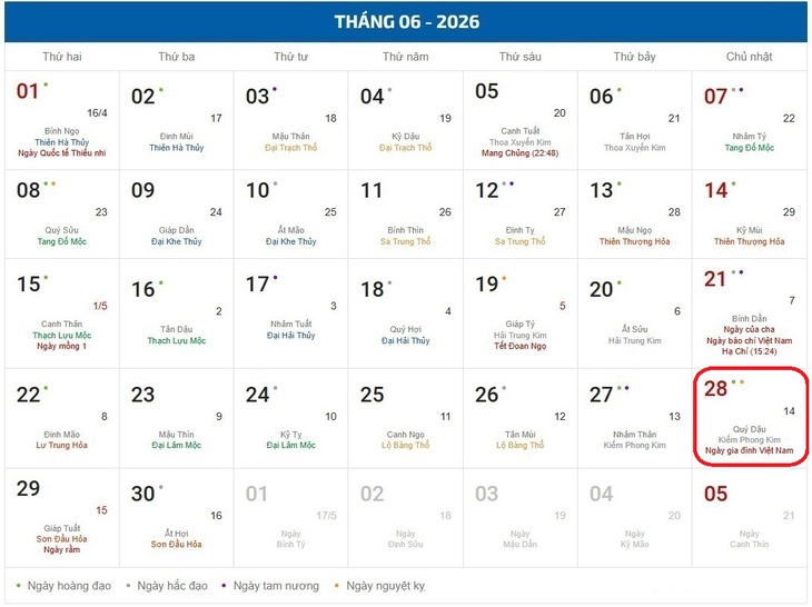 Âm lịch hôm nay - Lịch âm 28/6 - Lịch vạn niên ngày 28/6/2026- Ảnh 1.