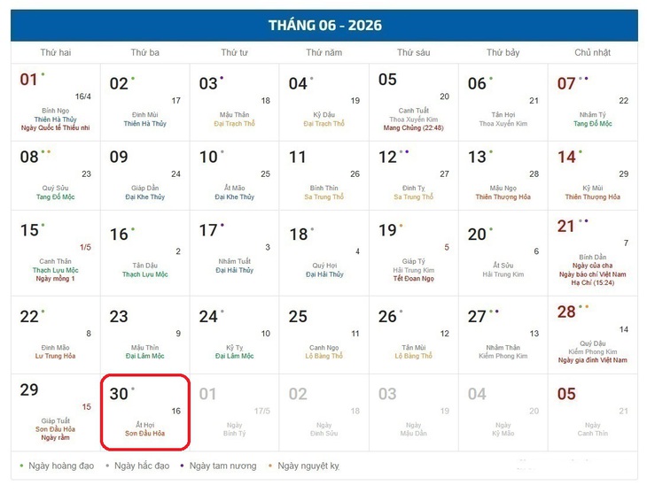 Âm lịch hôm nay - Lịch âm 30/6 - Lịch vạn niên ngày 30/6/2026 - Ảnh 1.